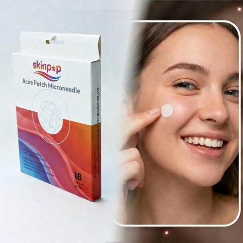 skinpop acne patch microneedle packaging with a woman applying a patch to her face.